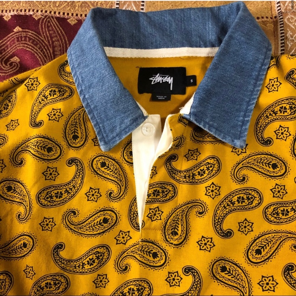 Stussy denim collar bandana pattern rugby shirt